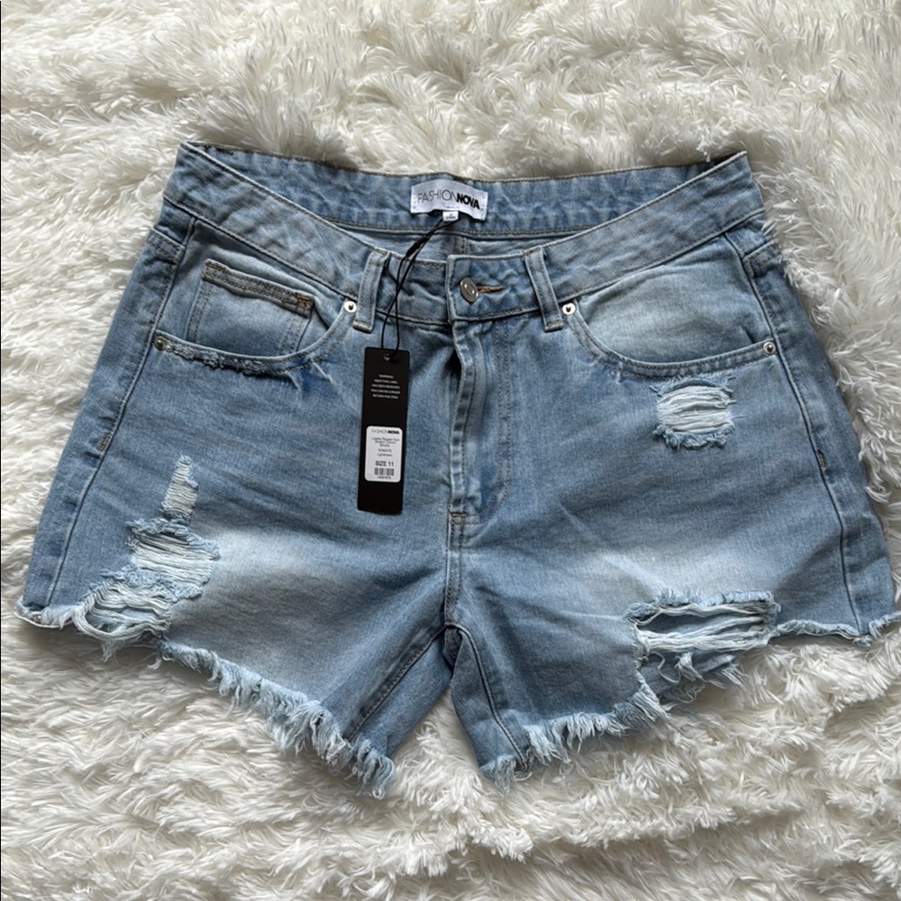 Fashion Nova - Lizette Ripped Non Stretch Distressed Denim Shorts - Size 11